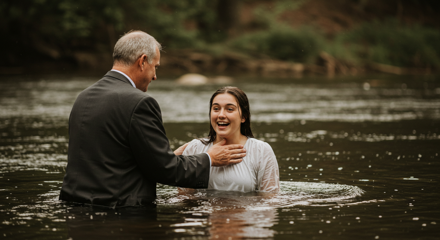 A young woman still in the river water after having been baptized by an older man.