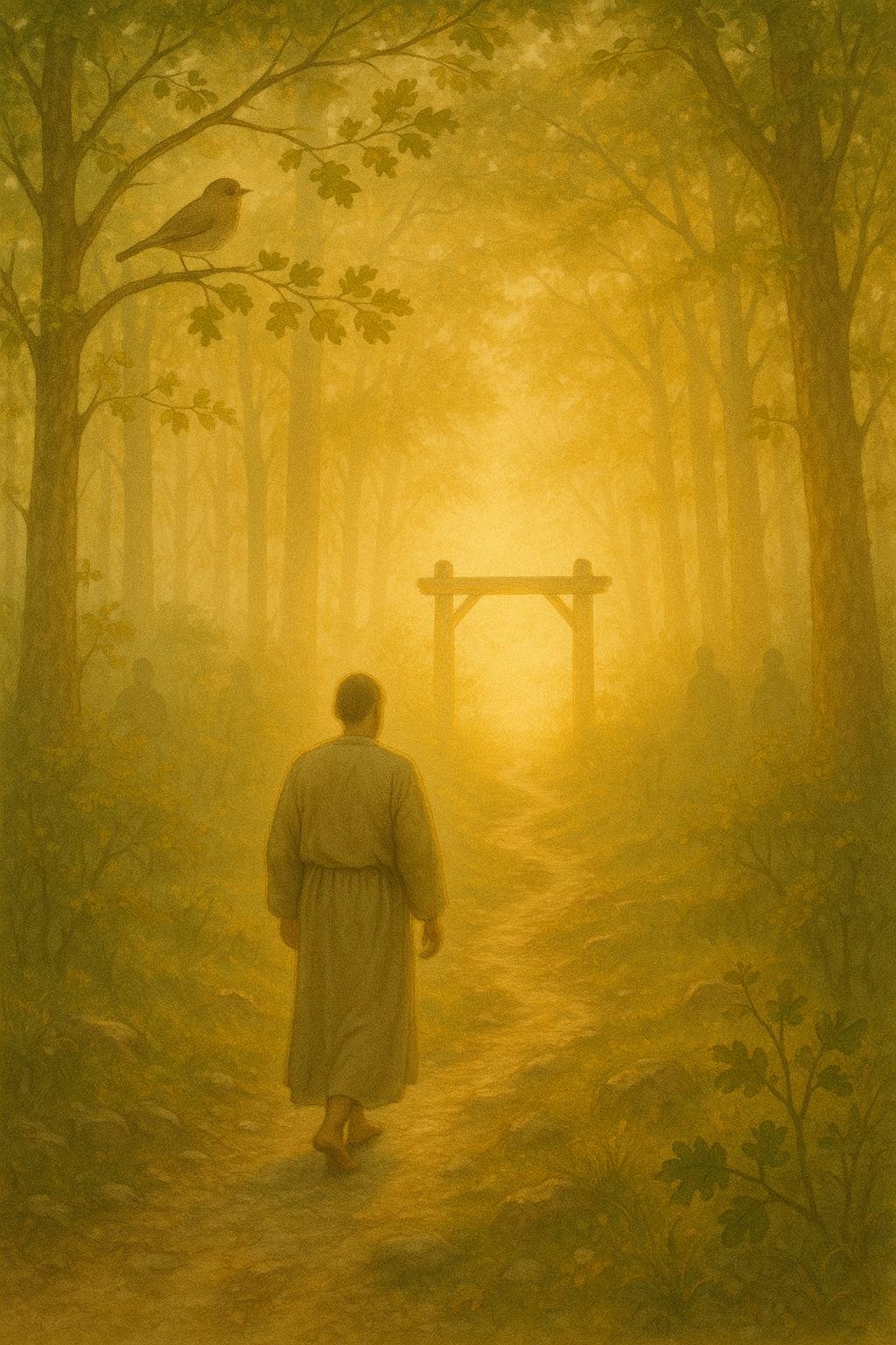 A narrow forest path at dawn leads to a rustic wooden gate, with a lone traveler walking barefoot toward the light. This symbolic image reflects Jesus' teachings about salvation and the journey of faithful obedience.